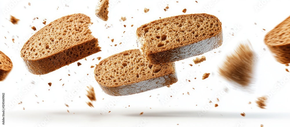 Poster airborne slices of brown rye bread against a pristine white background with crumbs flying create a d