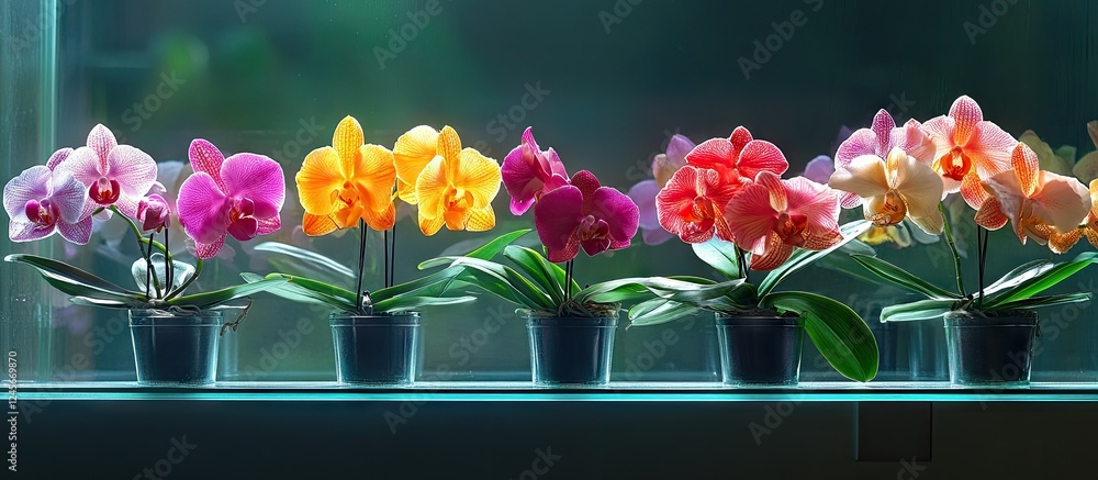 Poster orchids in vibrant colors lined up on a glowing shelf with green leaves in pots creating a tranquil 