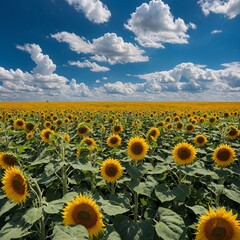 Obraz premium A vast field of sunflowers stretching to the horizon under a bright blue sky with a few fluffy clouds.
