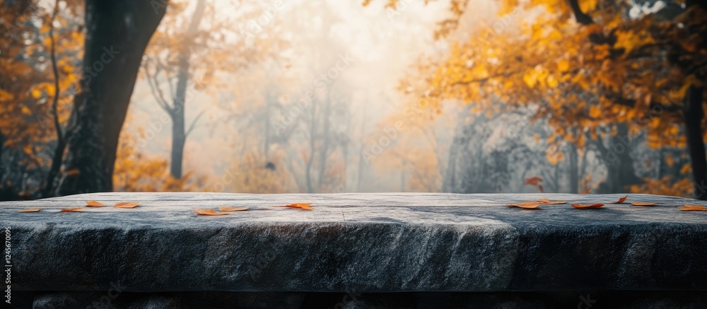 Aufkleber forest path with mist and autumn foliage, golden and orange leaves scattered on a stone table in the