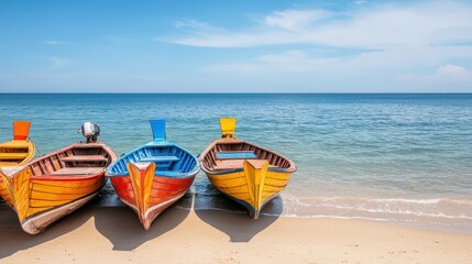 Obraz premium Cultural iconic Thailand, Colorful boats lined up on a sandy beach against a serene sea and blue sky, creating a picturesque coastal scene.