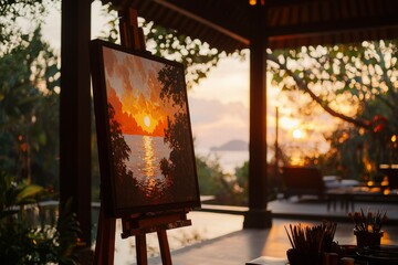 Sunset Seascape Painting on Easel at Dusk