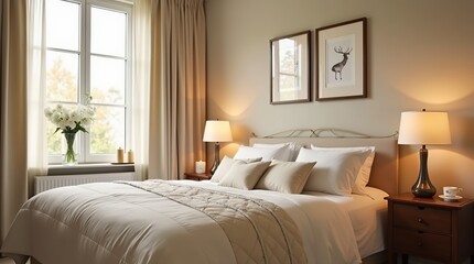 Cozy and Elegant Bedroom Interior With Cream-Toned Bedding and Warm Lighting