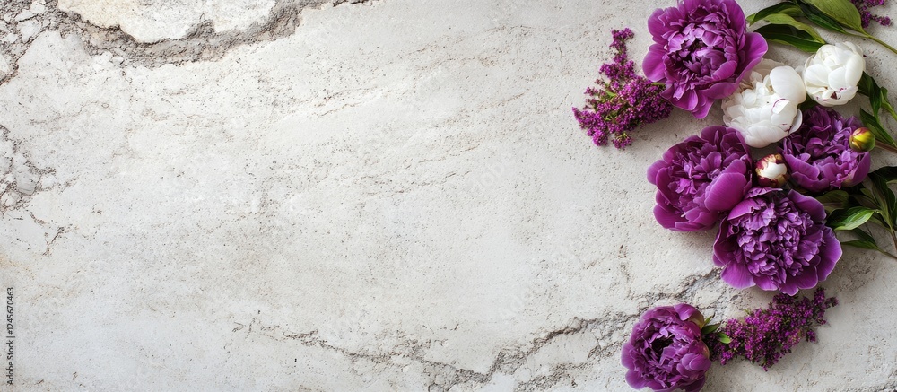 Poster vibrant purple peonies arranged on a rugged white stone table with ample space for text creating a b