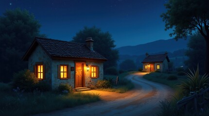 Cozy Cottage Along a Winding Path Under Starry Night Sky