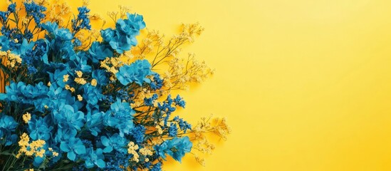 Obraz premium Vibrant blue flower bouquet with yellow accents arranged in the bottom left corner against a bright yellow background offering ample copy space.
