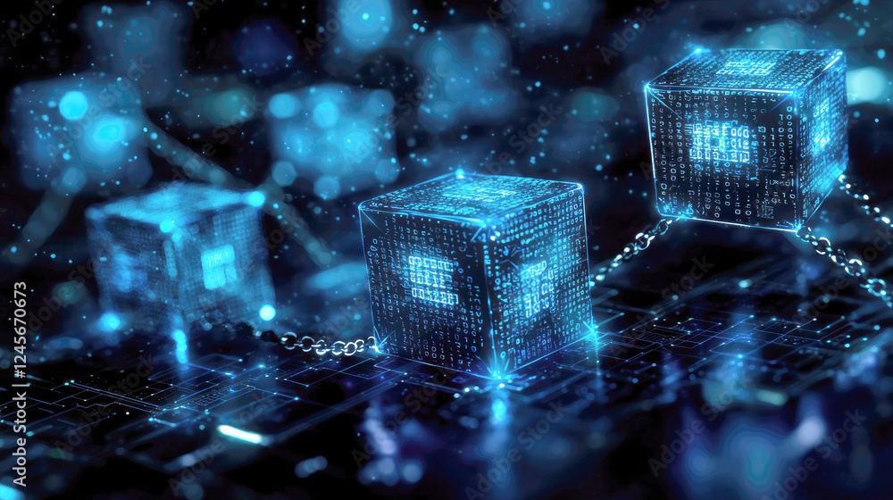 Poster blockchain technology: digital cubes and secure network connections in a futuristic cyberspace