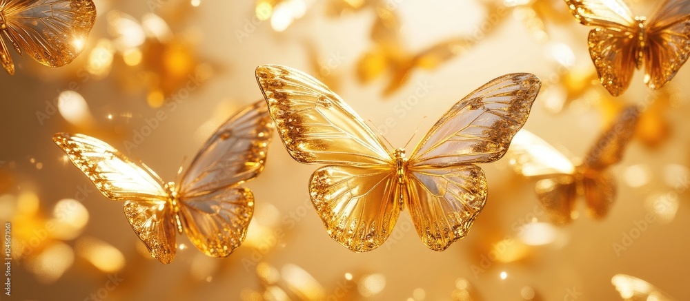 Poster golden transparent butterflies gracefully floating across a soft light orange background, creating a