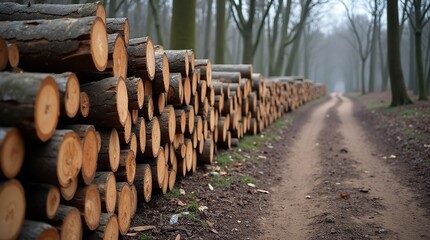 Serene Forest Path with Neatly Stacked Cut Wood Logs Alongside