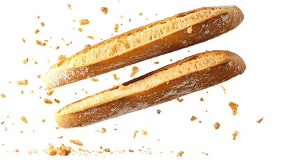 Baguette bread with falling crumbs isolated on transparent or white background
