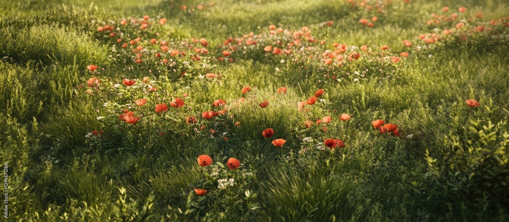 Wall mural Vibrant red poppies scattered across a lush green meadow creating a stunning summer landscape with soft focus background and natural sunlight.