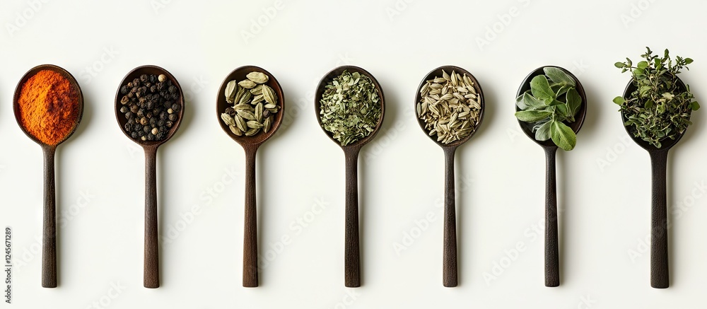 Aufkleber colorful array of spices displayed in wooden spoons on a light background each positioned evenly for