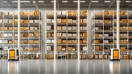 Innovative Warehouse with Autonomous Vehicles Streamlining Modern Logistics Operations Today. Warehouse Management System Concept