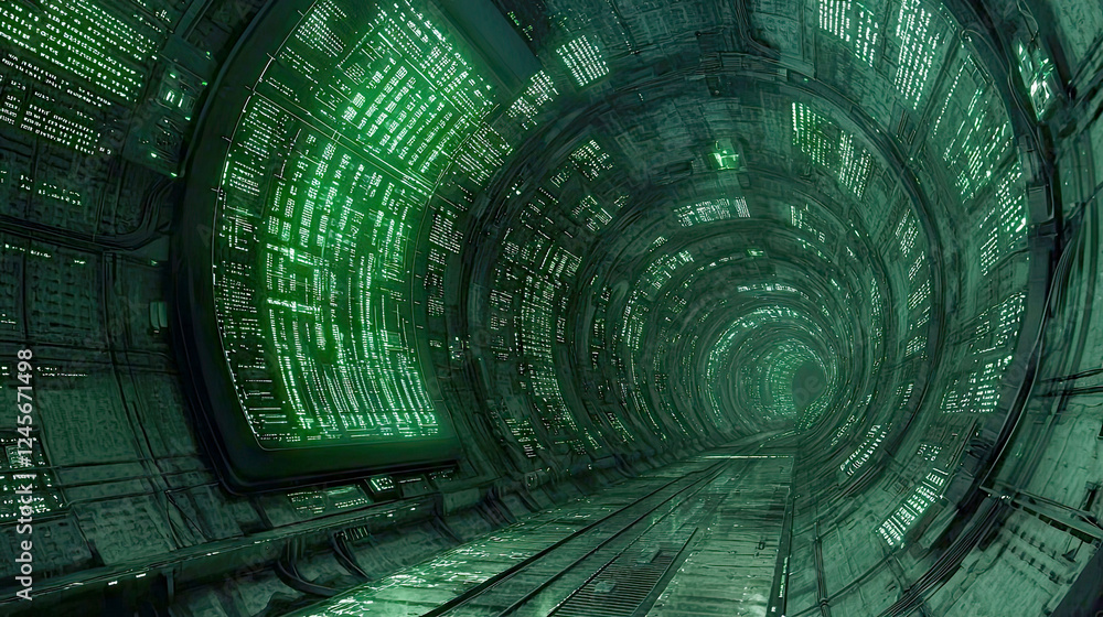 Aufkleber digital tunnel: a futuristic cyberpunk journey through a glowing green matrix of code and data