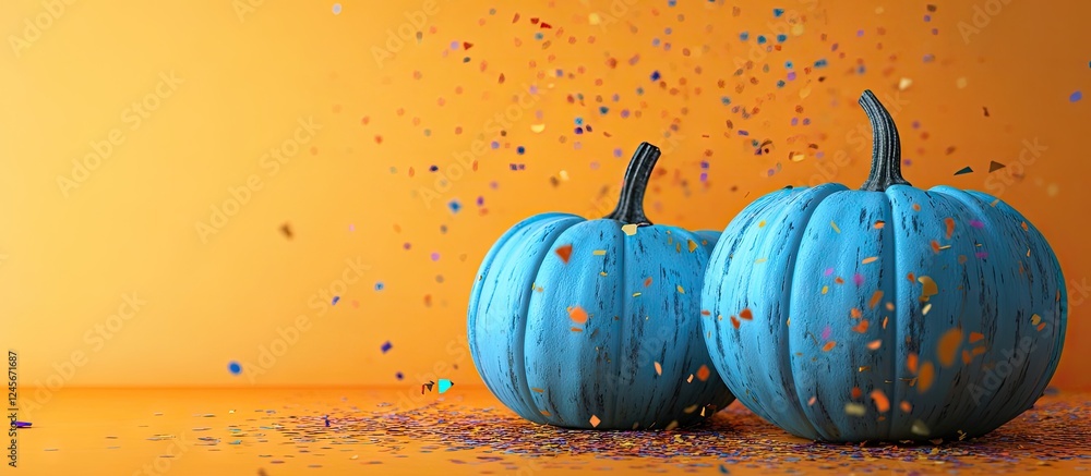 Poster vibrant blue pumpkins on an orange background with colorful confetti exploding around them creating 