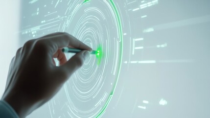 Hand Interacting with Futuristic Digital Interface and Data Visualization