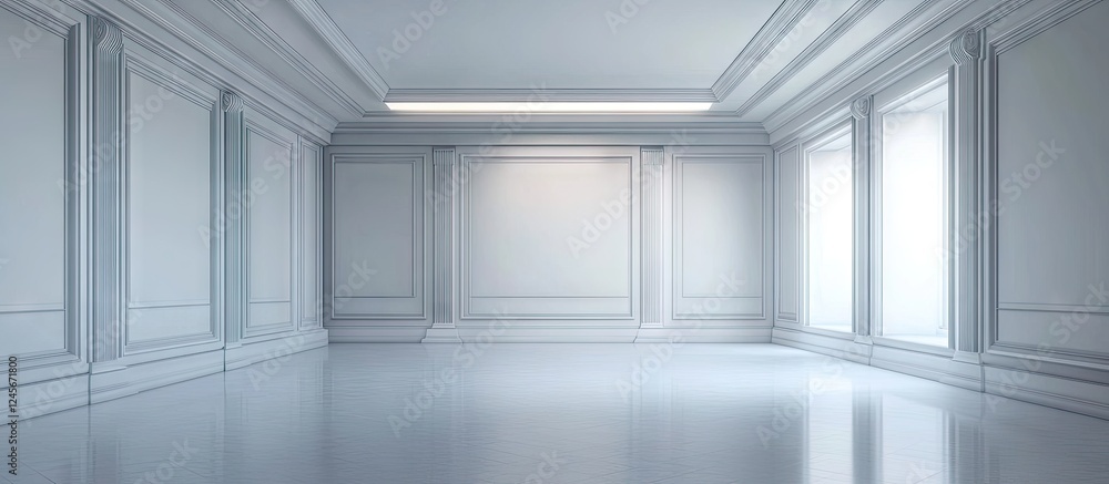 Poster modern minimalist white interior with elegant wall design featuring soft natural light from large wi