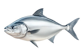 Fototapeta premium Closeup of a silver tuna fish with smooth scales, sharp fins and a sleek body isolated on white transparent background.