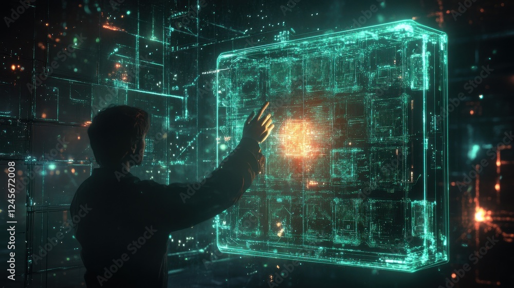 Poster futuristic technology concept with user interacting with digital interface