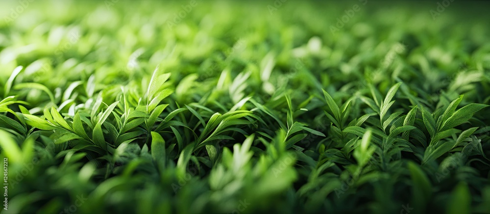 Poster lush green grass close-up in soft focus with a gradient background transitioning from dark to light,