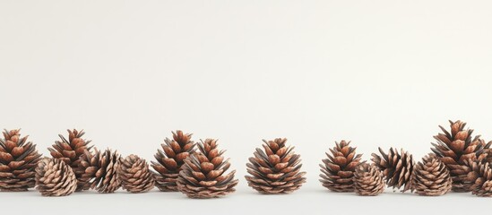 Elegant horizontal display of pine cones in varying sizes on a neutral background with ample white space for text or branding placement.