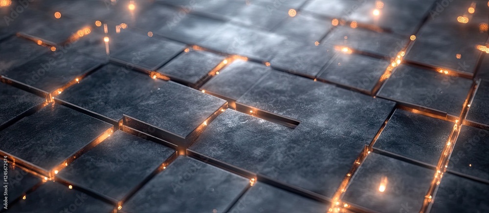 Poster abstract metallic surface with glowing lines, dark gray and blue tones, textured blocks arranged in 