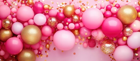 Vibrant pink, gold, and glitter balloon garland arranged horizontally on a soft pink background enhances festive celebrations with charm and joy
