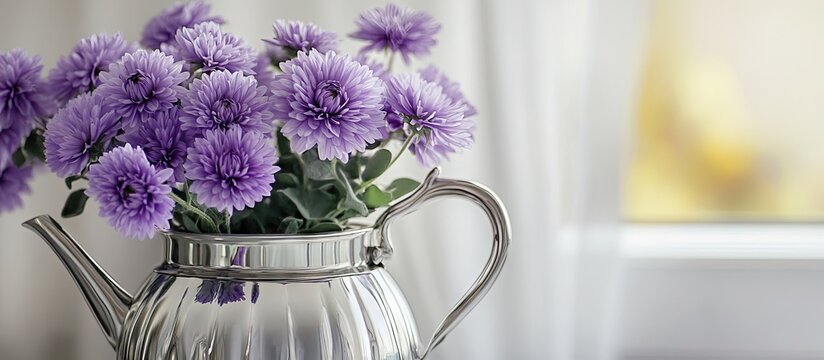 Silver coffee pot with purple aster flowers arranged on the right, set against a soft white background, perfect for stylish home decor accents. - Powered by Adobe
