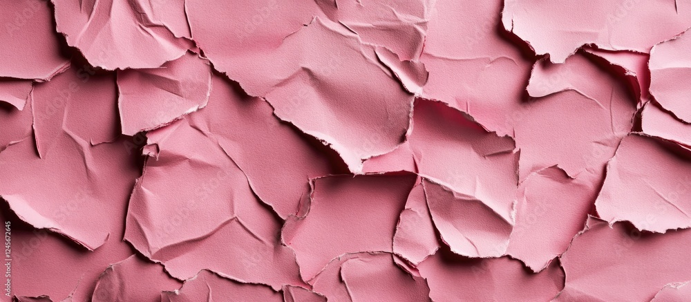 Poster pink torn paper texture with intricate creases and layers, softly illuminated, creating a vibrant an