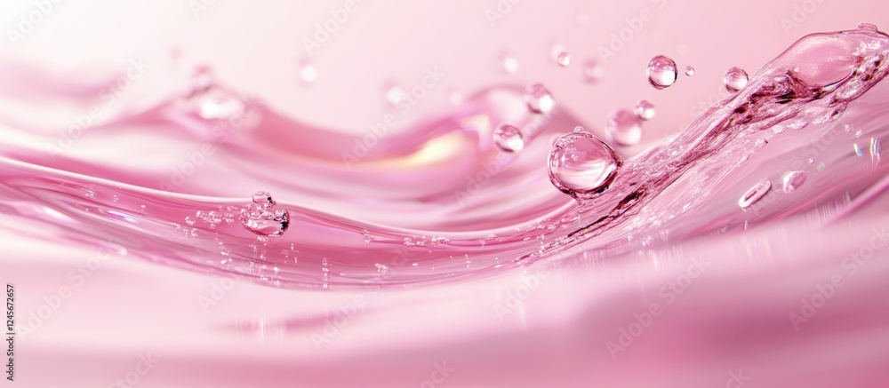 Poster translucent pink liquid with air bubbles flows gracefully on a smooth pink surface creating a mesmer
