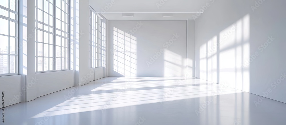 Poster bright and spacious office with white walls and large windows casting soft shadows creating a clean 