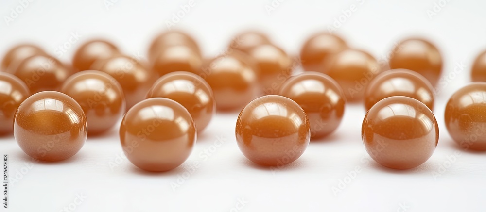 Poster glossy brown marbles arranged closely on a white surface, showcasing reflections and smooth textures