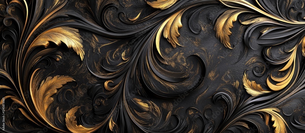 Poster elegant abstract curve featuring intricate black and gold designs with rich textures and flowing pat