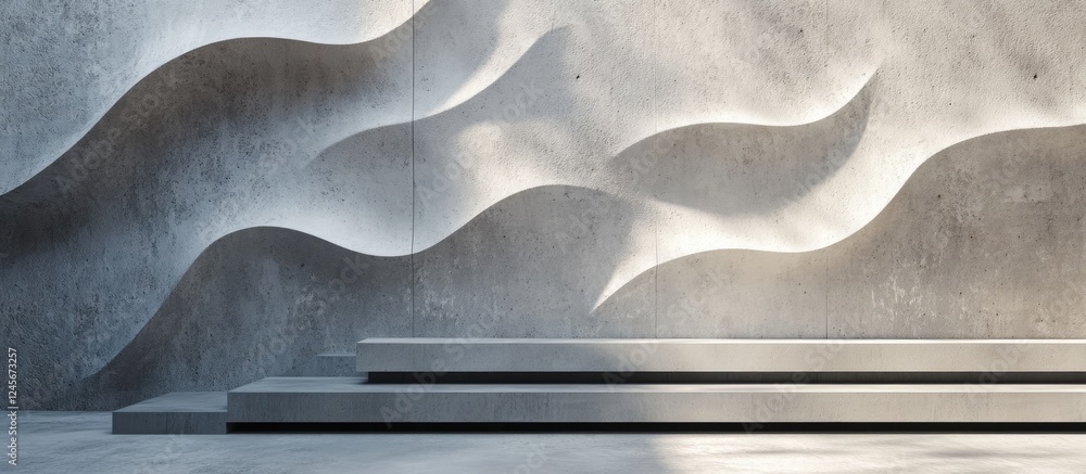 Poster abstract textured concrete wall with wave designs in grayscale, featuring soft shadows and three-ste