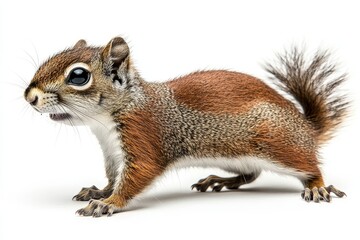 Obraz premium Side-view full-body shot of an adorable red squirrel against a solid white background. Cute wildlife portrait with detailed features
