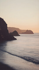 Serene Coastal Sunset: A Tranquil Moment of Natural Beauty at Dusk Along the Rocky Shore