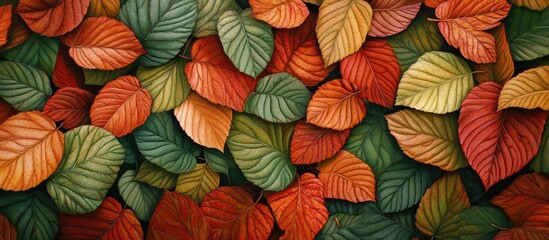 Autumn foliage featuring vibrant red, orange, and green leaves layered intricately against a dark background highlighting seasonal textures.
