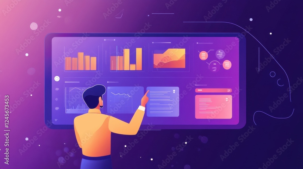 Poster businessman interacting with digital data visualization dashboard