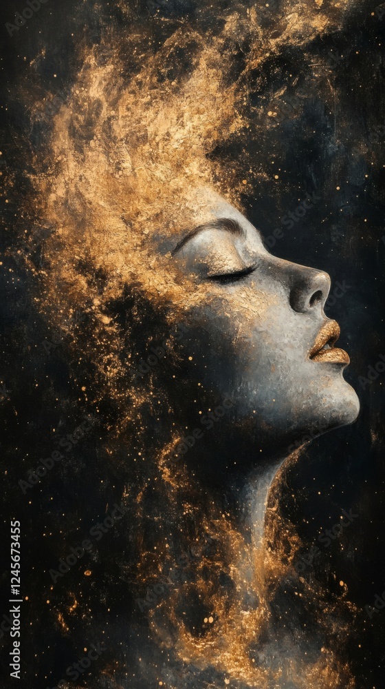Aufkleber woman's face dissolves into the air soft light casting long shadows muted tones with a hint of gold 