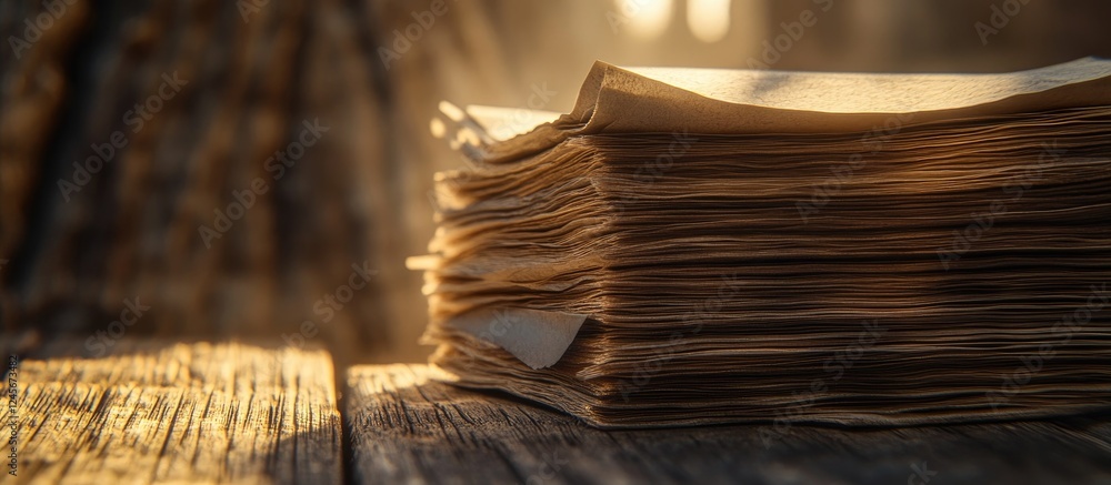 Poster stack of aged papers in warm tones on a textured wooden surface, illuminated softly from behind, wit