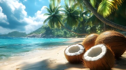 tropical beach with palm trees and coconuts ideal for health and wellness header or travel blog