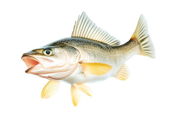 Fototapeta premium Freshwater Walleye fish with vivid golden fins and detailed scales isolated on white transparent background.