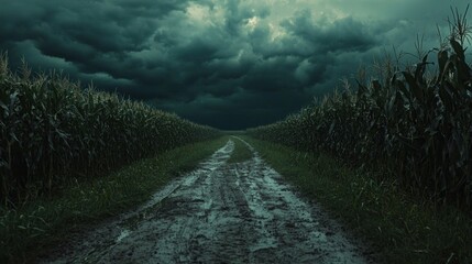 A winding, muddy track cuts through lush cornfields under an ominous sky. Thick dark clouds gather as a summer storm approaches, inspiring both awe and fear in this rural landscape