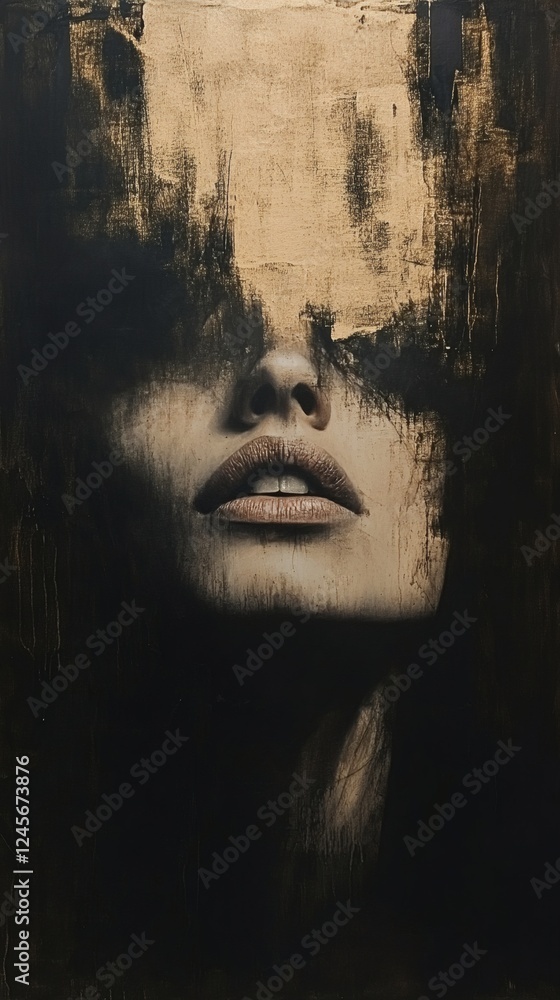 Poster woman's face dissolves into the air soft light casting long shadows muted tones with a hint of gold 