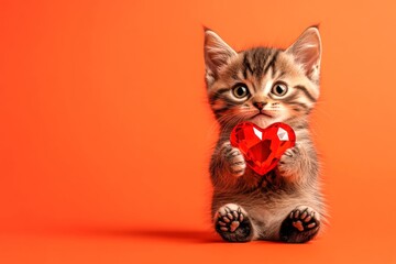 Cute european shorthair young cat with diamond red heart - emblem of love, funny greeting card. Digital ads creative pattern. European shorthair - my desired cat. Pet valentine's day decor.