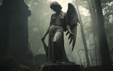 In a quiet, fog-covered forest, a beautifully detailed statue of an angel stands mournfully beside neglected graves. The early morning light filters through the trees, adding to the somber atmosphere