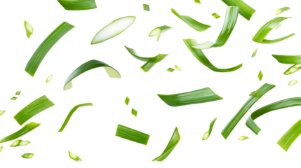 Falling green onion slices, cut chives isolated on transparent or white background