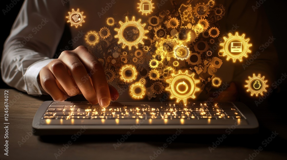 Poster hand on keyboard with golden gears and technology symbols floating