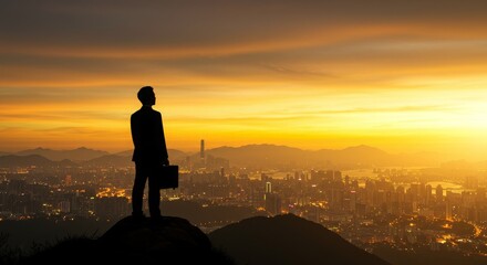 Businessman Silhouette Observing City Skyline at Sunset with Vibrant Orange Sky and Urban Landscape Highlighting the Growth and Opportunity in Business Ventures and Entrepreneurship