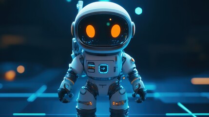 A cute and intelligent robot astronaut with a modern, sci-fi-inspired suit, expressive digital eyes, and a glowing jetpack